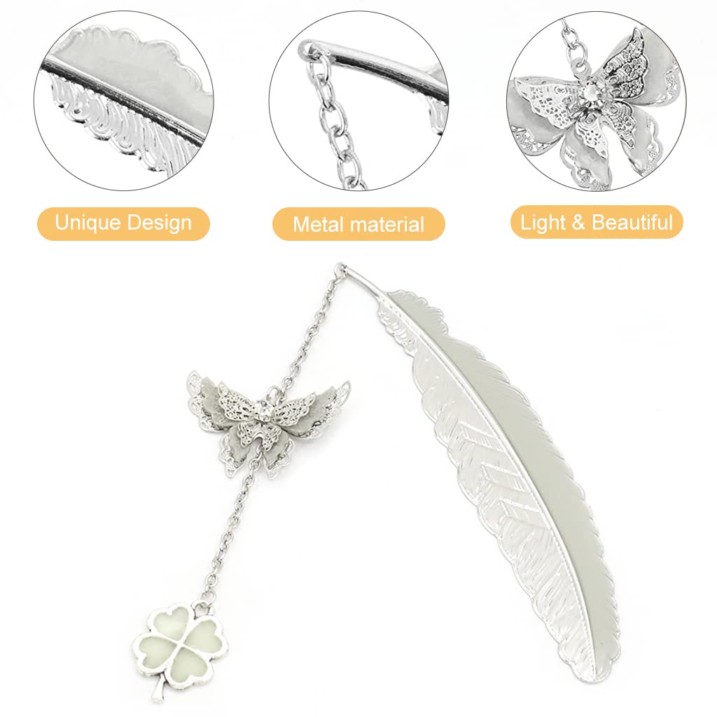 HASTHIP Metal Feather Bookmark Glow in The Dark, Bookmarks for Books, 3D Silver Butterfly Four Leaf Clover Bookmarks, Bookmark Gift for Teachers Women Student, Mothers Day, Christmas HASTHIP Metal Feather Bookmark Glow in The Dark, Bookmarks for Books, 3D Silver Butterfly Four Leaf Clover Bookmarks, Bookmark Gift for Teachers Women Student, Mothers Day, Christmas